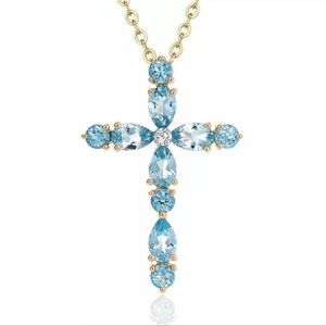 Crystal Blue Gold Plated CZ Cross Necklace Religious Pendant Gifts for Her New